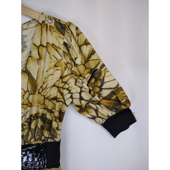 Baby Phat Tan Black Stretchy Belted Short-Sleeve Midi Dress Small Deep v-neck - Picture 4 of 11